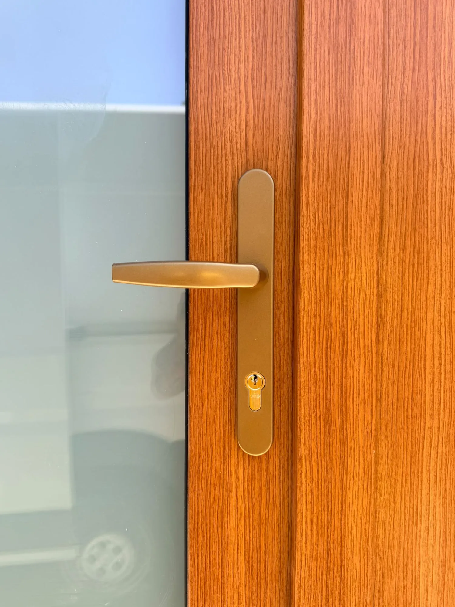Dettaglio della maniglia bronzo con placca lunga e cilindro europeo su portoncino in PVC effetto legno venato
