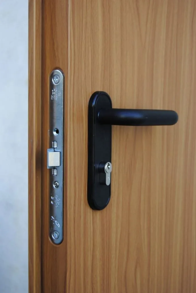 Anta rivestita effetto legno con maniglia nera, cilindro europeo e frontale della serratura sul bordo.