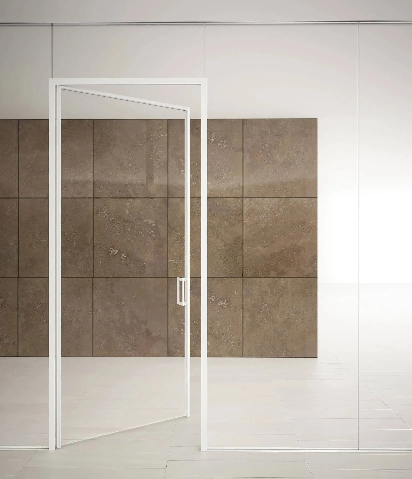 Porta a battente in vetro con telaio bianco sottile inserita in parete HIDE, davanti a un rivestimento in pietra