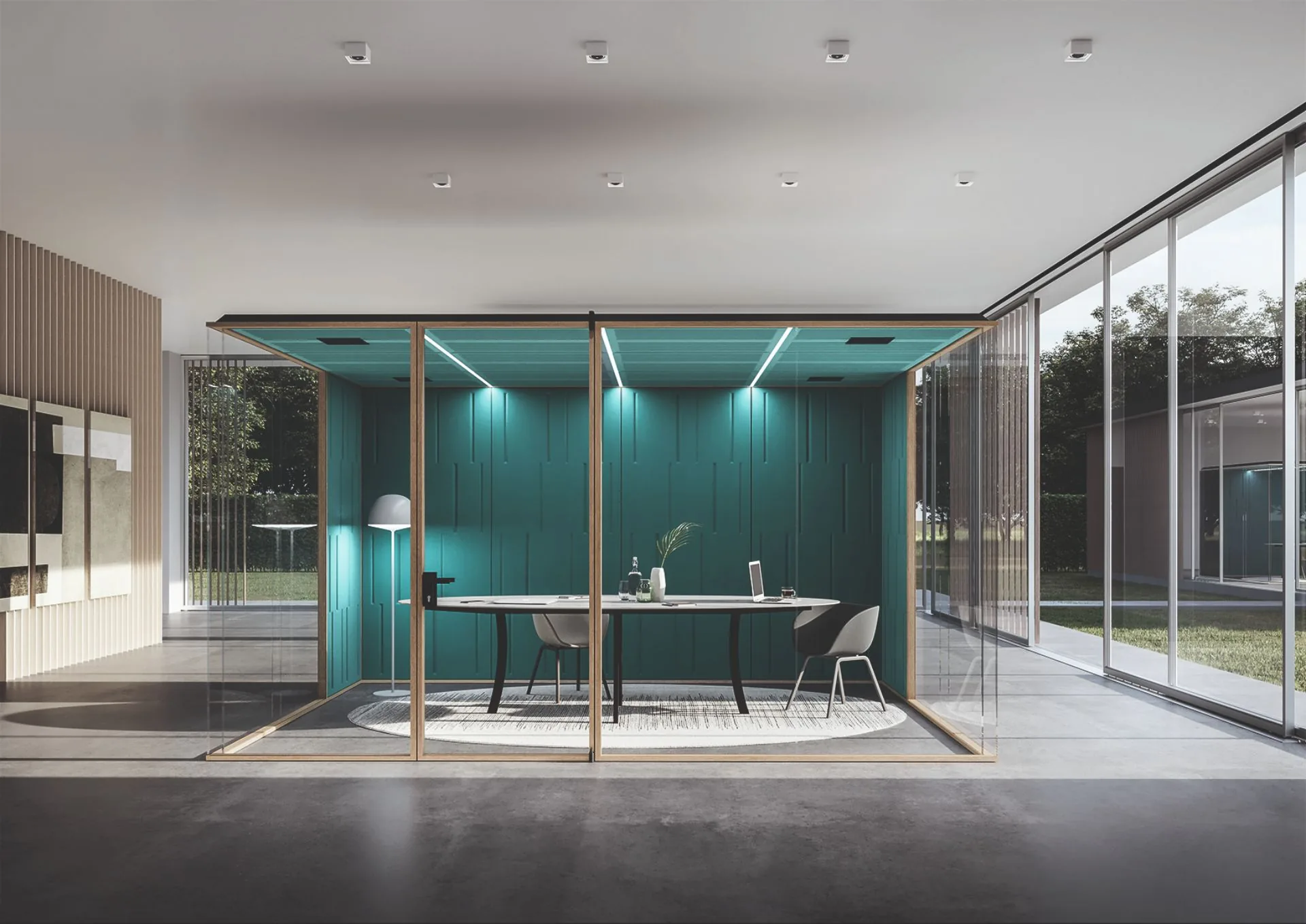 INBOX con profili color legno chiaro, pannelli acustici petrolio, luci LED a soffitto e tavolo ovale per riunioni