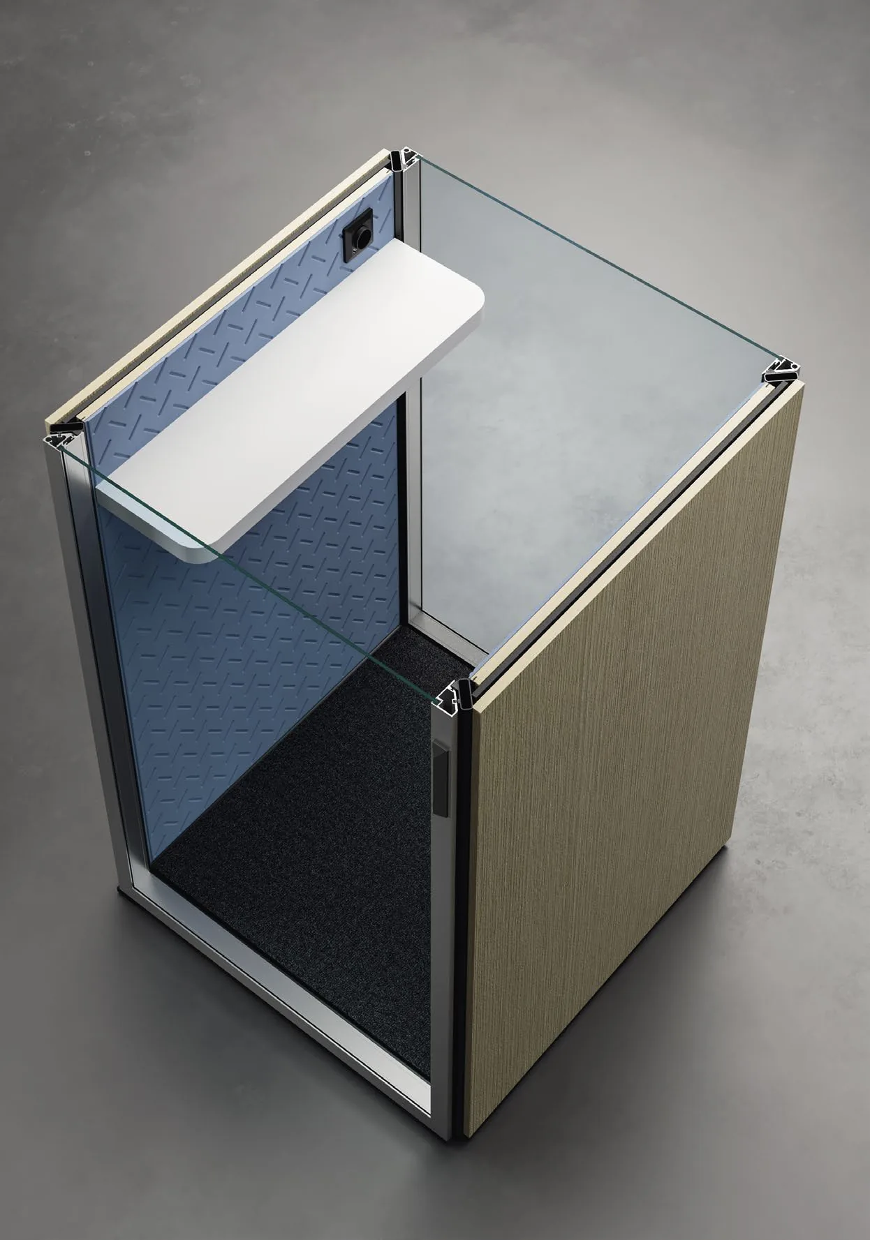 SMARTBOX 11 visto dall'alto: telaio in alluminio, vetri, mensola bianca con presa e pavimento in moquette antracite