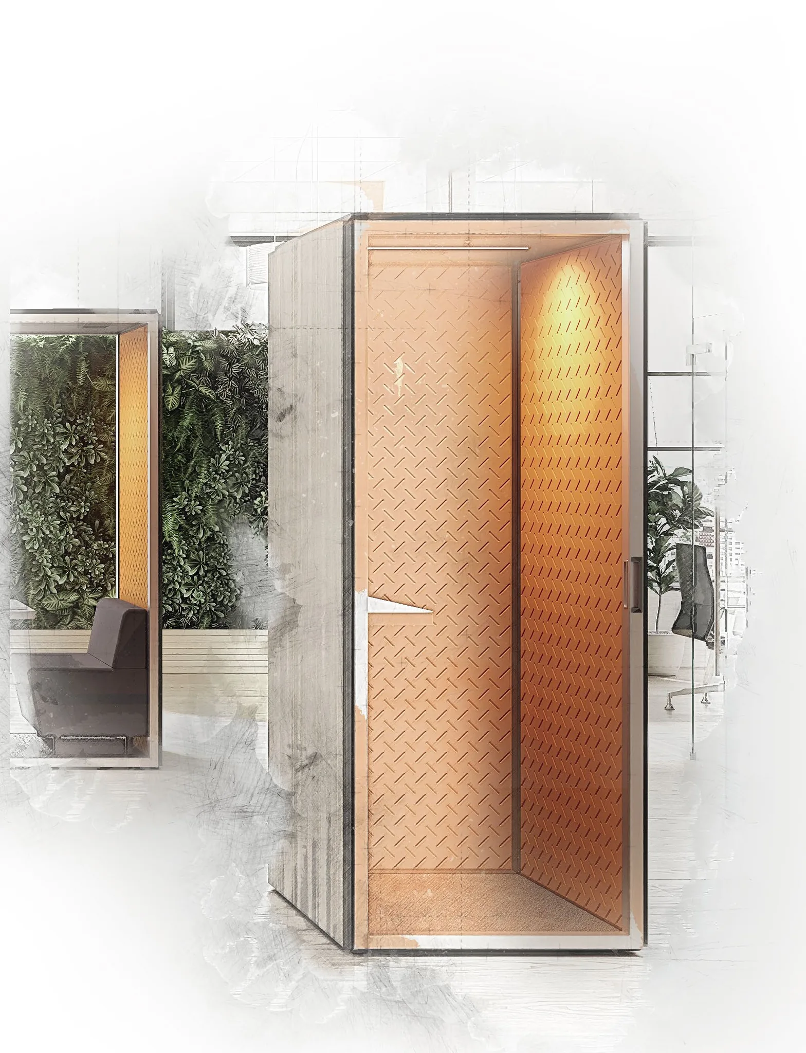 Illustrazione di SMARTBOX 11 con interno arancio fonoassorbente e porta in vetro, sullo sfondo una parete verde