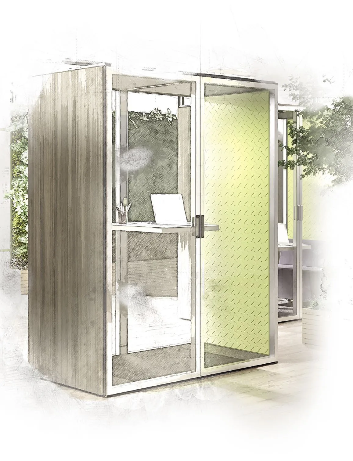 Illustrazione di SMARTBOX 12 VetroIN con fianco effetto legno, due ante in vetro e tavolo alto con portatile