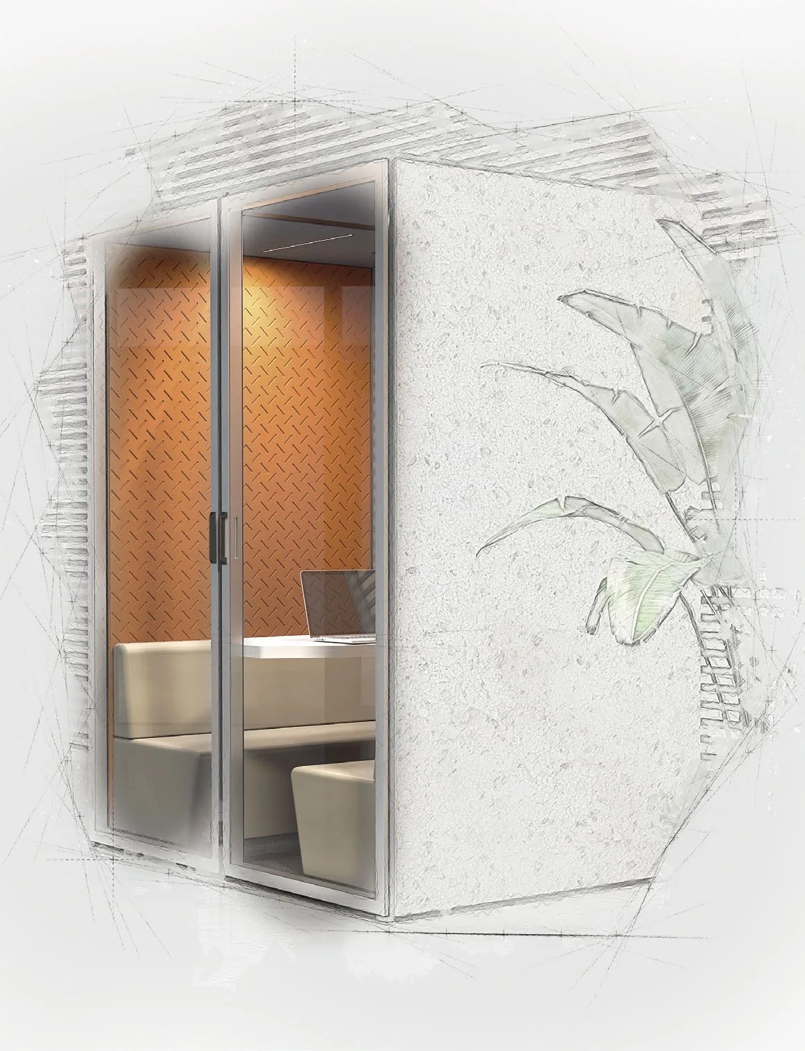 SMARTBOX 14 a doppia porta in vetro: dentro divanetti imbottiti chiari, tavolo e pannelli arancio; render su fondo a matita