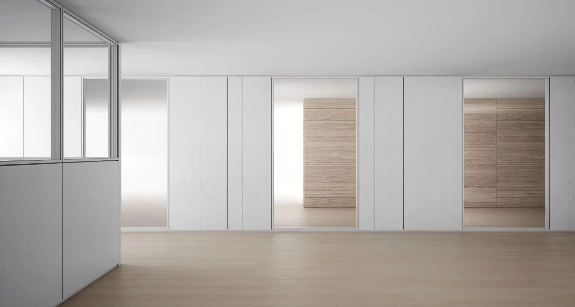 SOLIDWALL bianca con moduli vetrati a tutta altezza che mostrano pareti in legno; a sinistra fascia vetrata alta