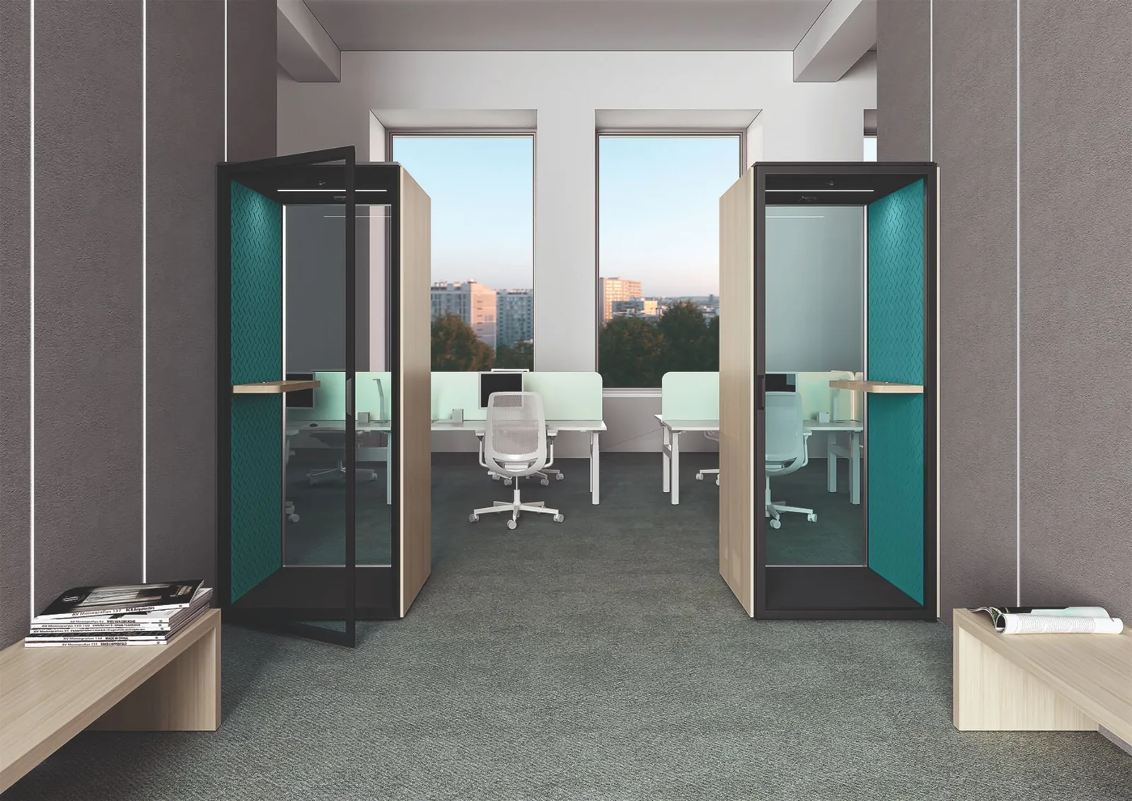 Due cabine SMARTBOX 11 in legno con interni verde petrolio, ai lati di un open space